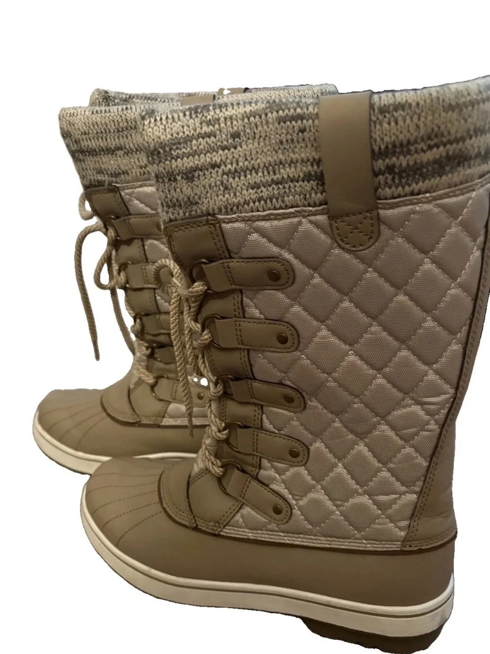 Totes Glenda Winter Snow Rain Boots Bone Beige Womens Quilted Lace Up
